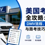 美国考驾照流程图，包含DMV申请步骤、笔试题库练习与路考技巧说明