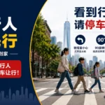 纽约开车新规提醒：看到行人必须停车让行，纽约行人优先权交通法规宣传图